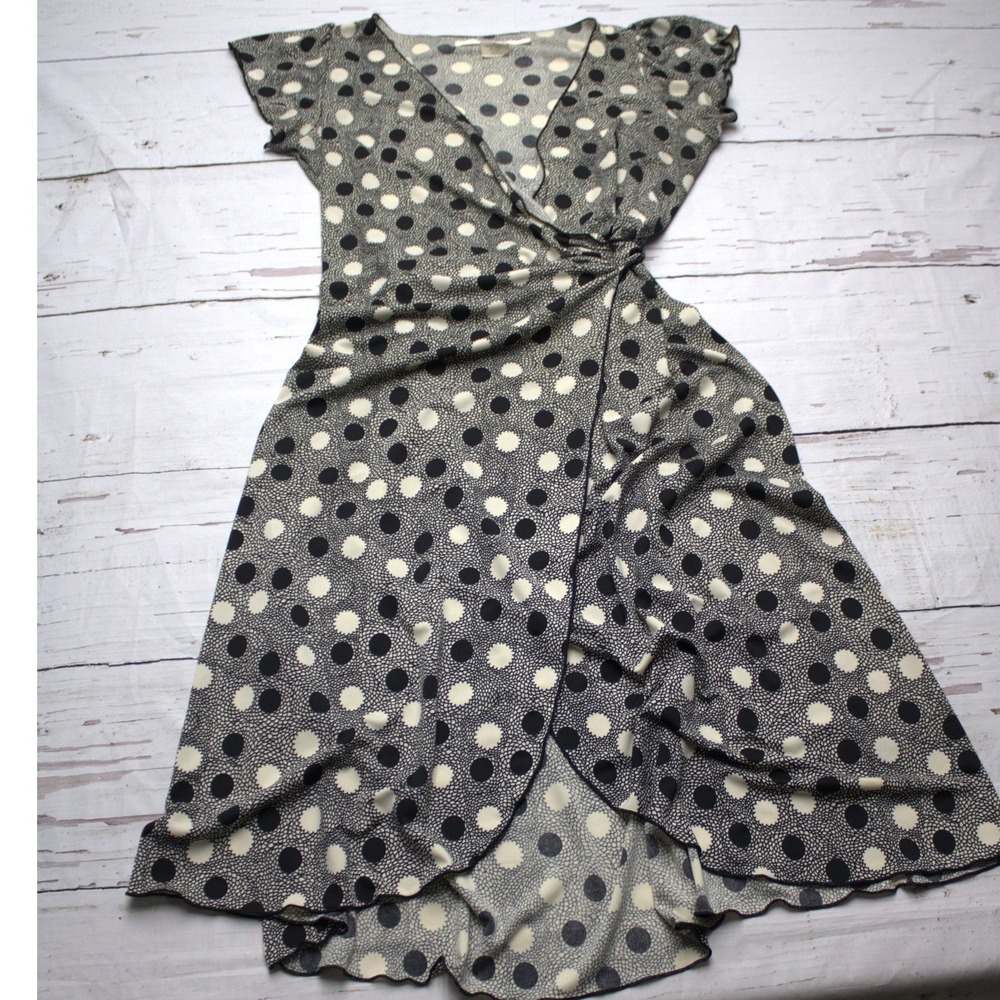 Max Studio Polka Dot Faux Wrap Dress Black Cream High Low Flutter Sleeve L